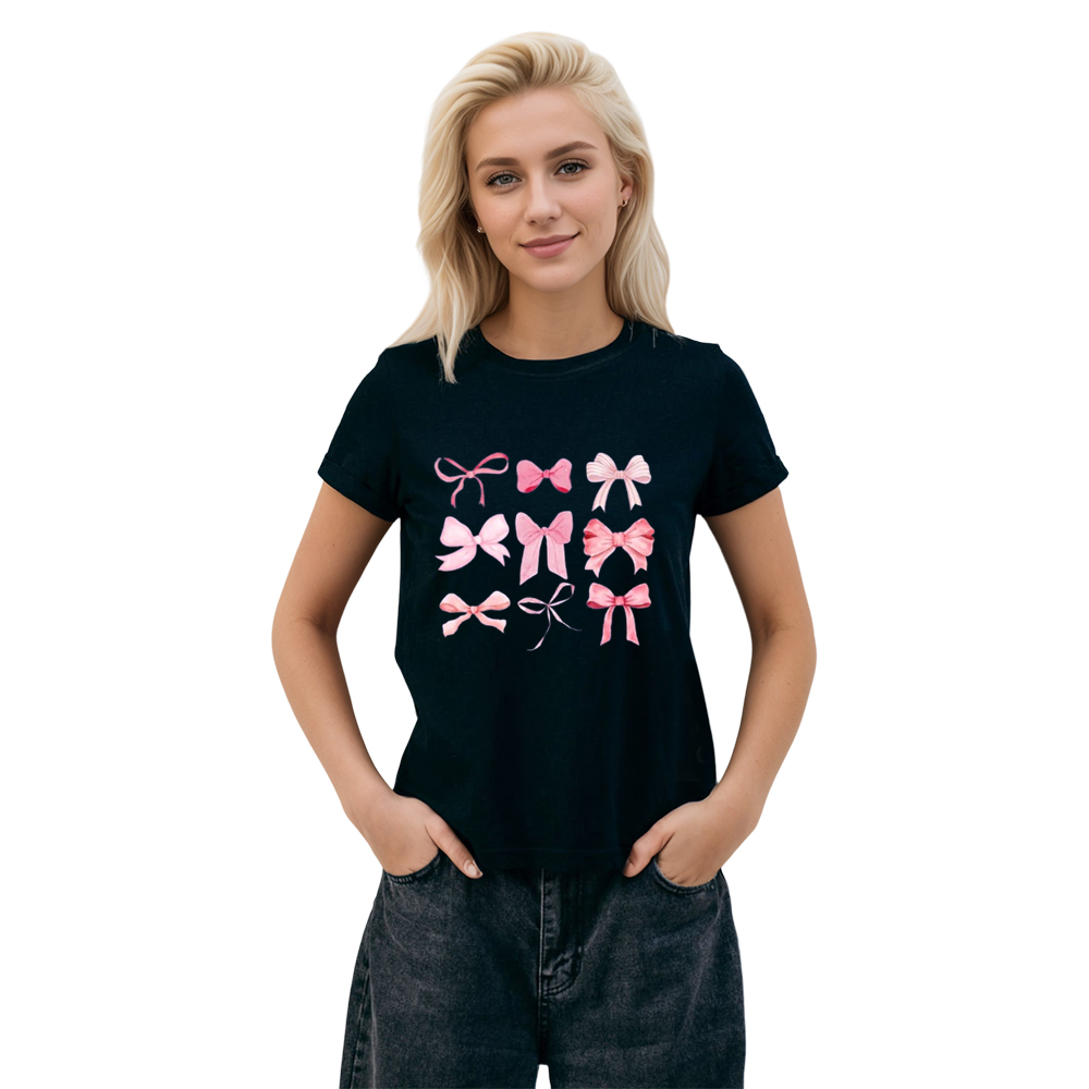 Adult Woman Summer Cute Graphic Ribbon Bow Black T-shirt Costume