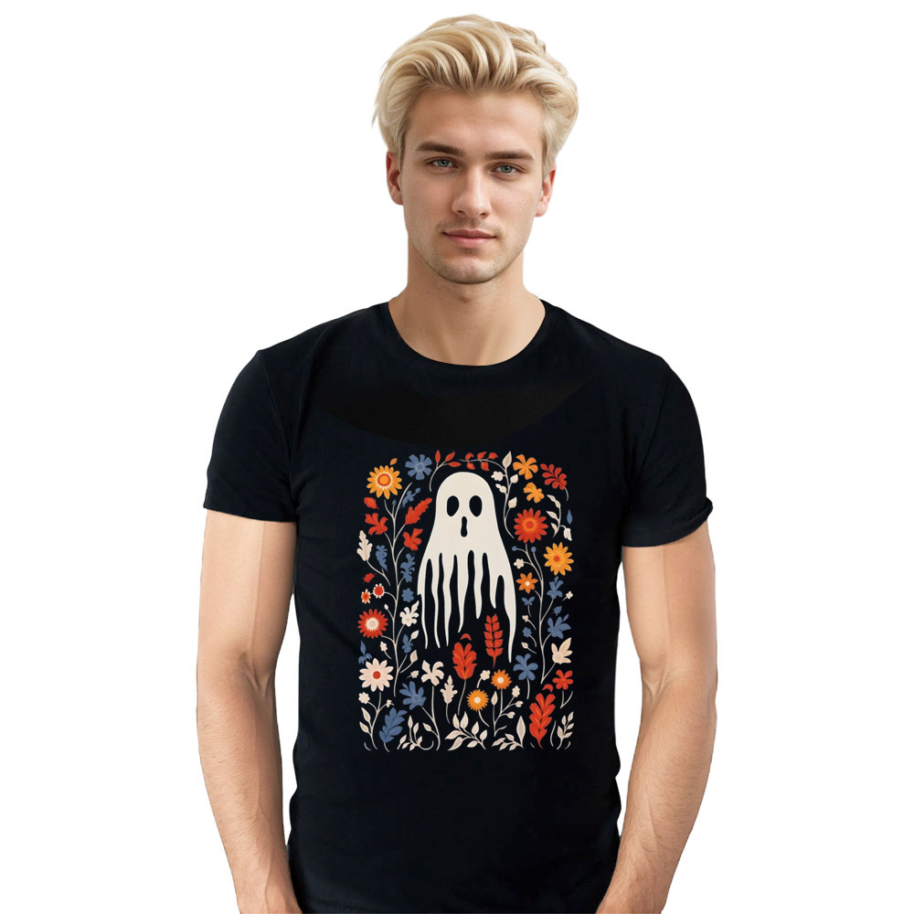 Adult Unisex Halloween Retro Floral Ghost Black T-shirt Costume