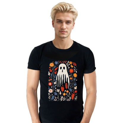 Adult Unisex Halloween Retro Floral Ghost Black T-shirt Costume