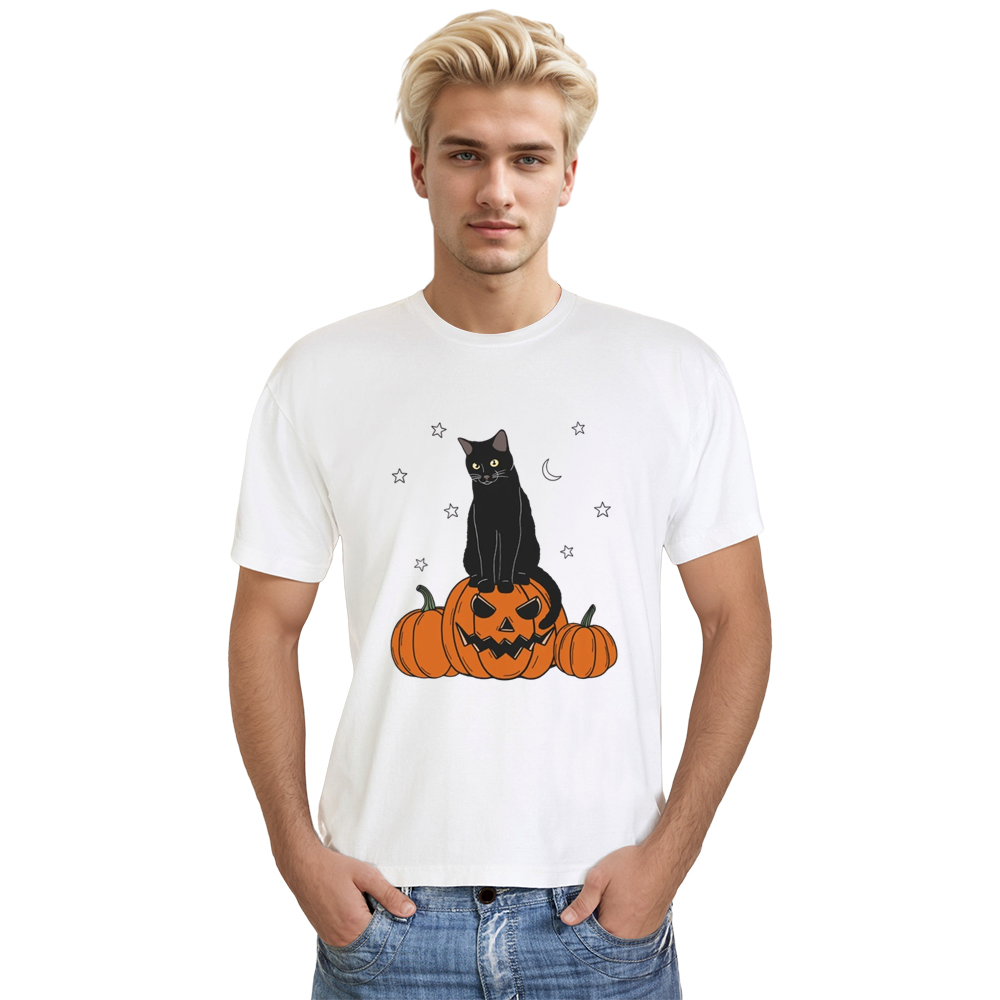 Adult Unisex Halloween Pumpkin Cat White T-shirt Costume