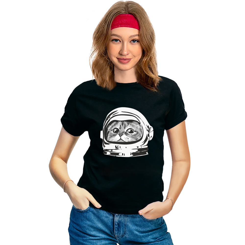 Adult Unisex Astronaut Cat Funny Pet Lover Black T-shirt