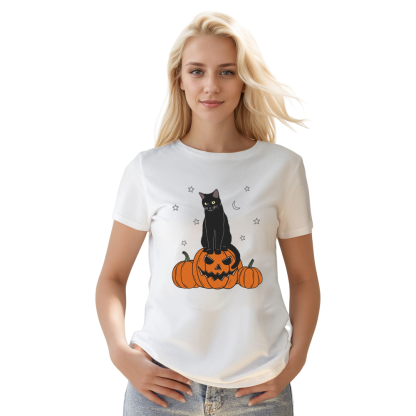 Adult Unisex Halloween Pumpkin Cat White T-shirt Costume