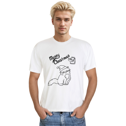 Adult Unisex Cat White Merry Christmas Pet Lover T-shirt