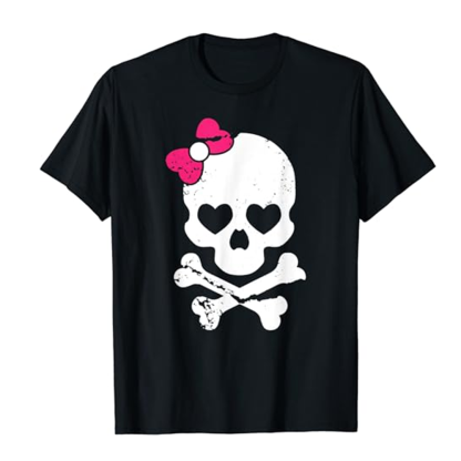 Adult Women Cross Bone Pink Bow Skeleton Tie Skull Black T-shirt Costume