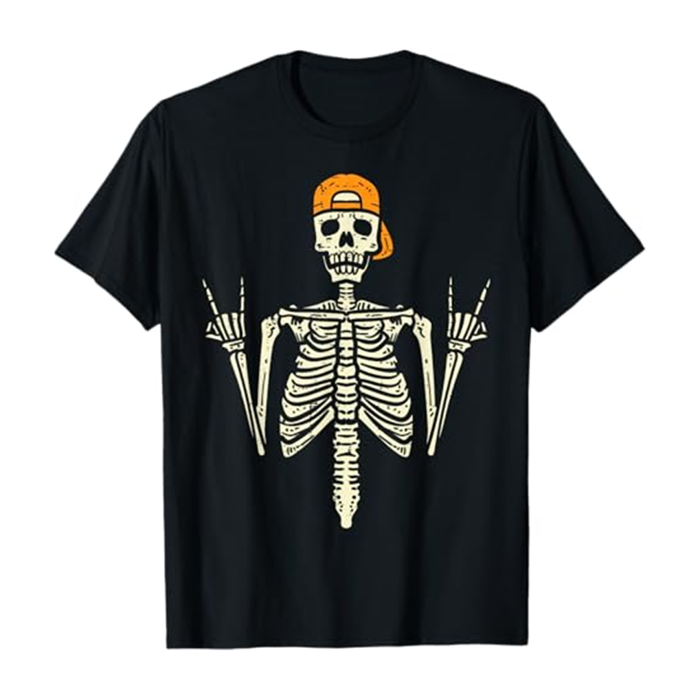 Adult Unisex Rocker Skeleton Cap Skater Cool Halloween Black T-shirt Costume