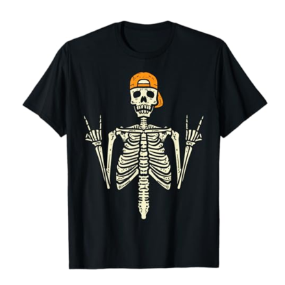 Adult Unisex Rocker Skeleton Cap Skater Cool Halloween Black T-shirt Costume