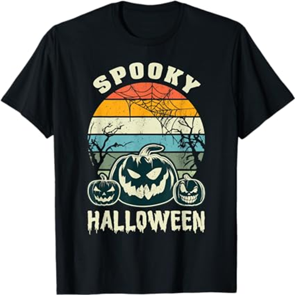 Adult Unisex Spooky Halloween Pumpkins Retro Halloween Black T-shirt Costume