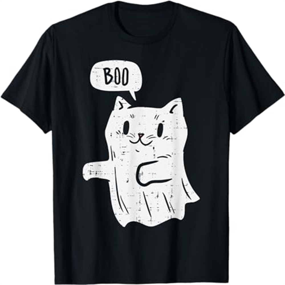 Adult Unisex Ghost Cat Boo Funny Halloween Black T-shirt Costume
