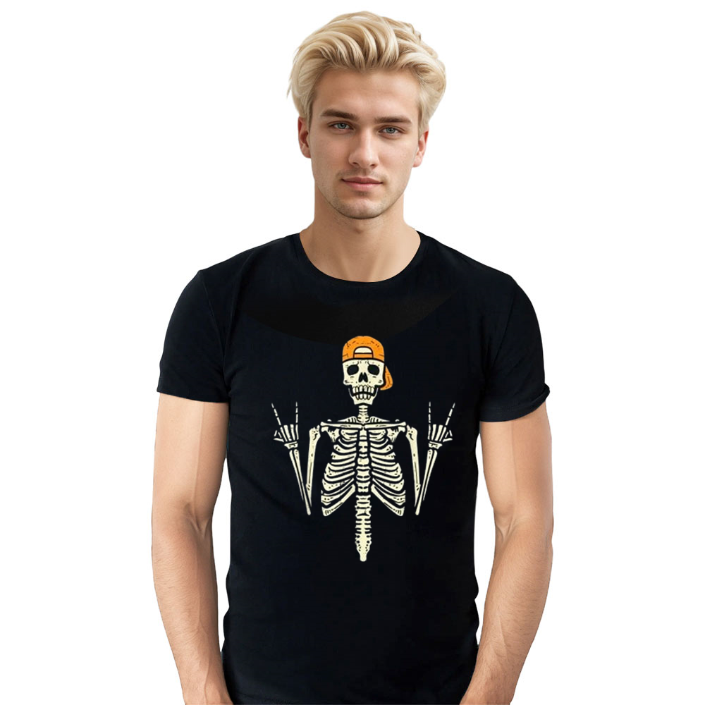 Adult Unisex Rocker Skeleton Cap Skater Cool Halloween Black T-shirt Costume