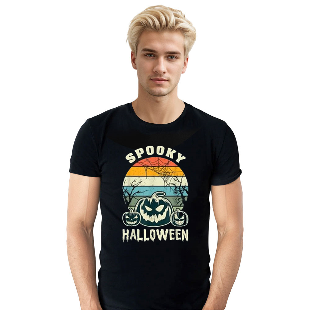 Adult Unisex Spooky Halloween Pumpkins Retro Halloween Black T-shirt Costume