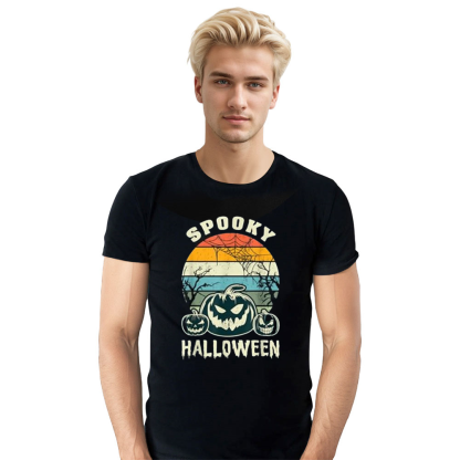 Adult Unisex Spooky Halloween Pumpkins Retro Halloween Black T-shirt Costume