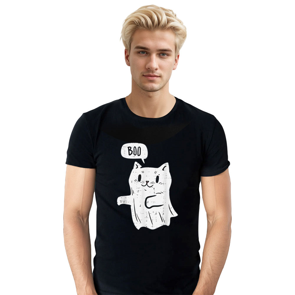 Adult Unisex Ghost Cat Boo Funny Halloween Black T-shirt Costume