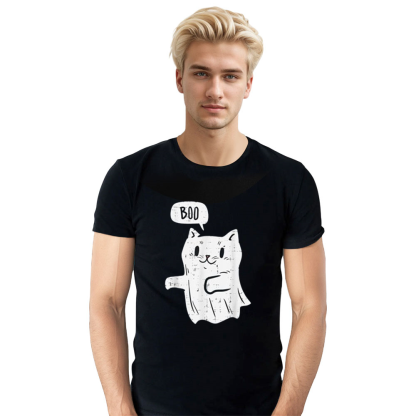 Adult Unisex Ghost Cat Boo Funny Halloween Black T-shirt Costume