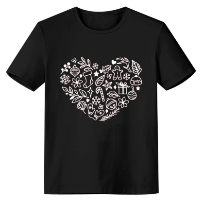 Adult Unisex Xmas Christmas Heart Festival Black T-shirt Costume