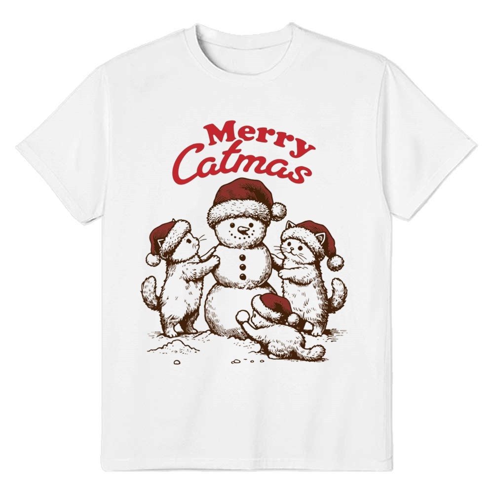 Adult Unisex Merry Catmas Christmas Xmas White Festival T-shirt