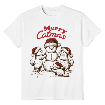 Adult Unisex Merry Catmas Christmas Xmas White Festival T-shirt