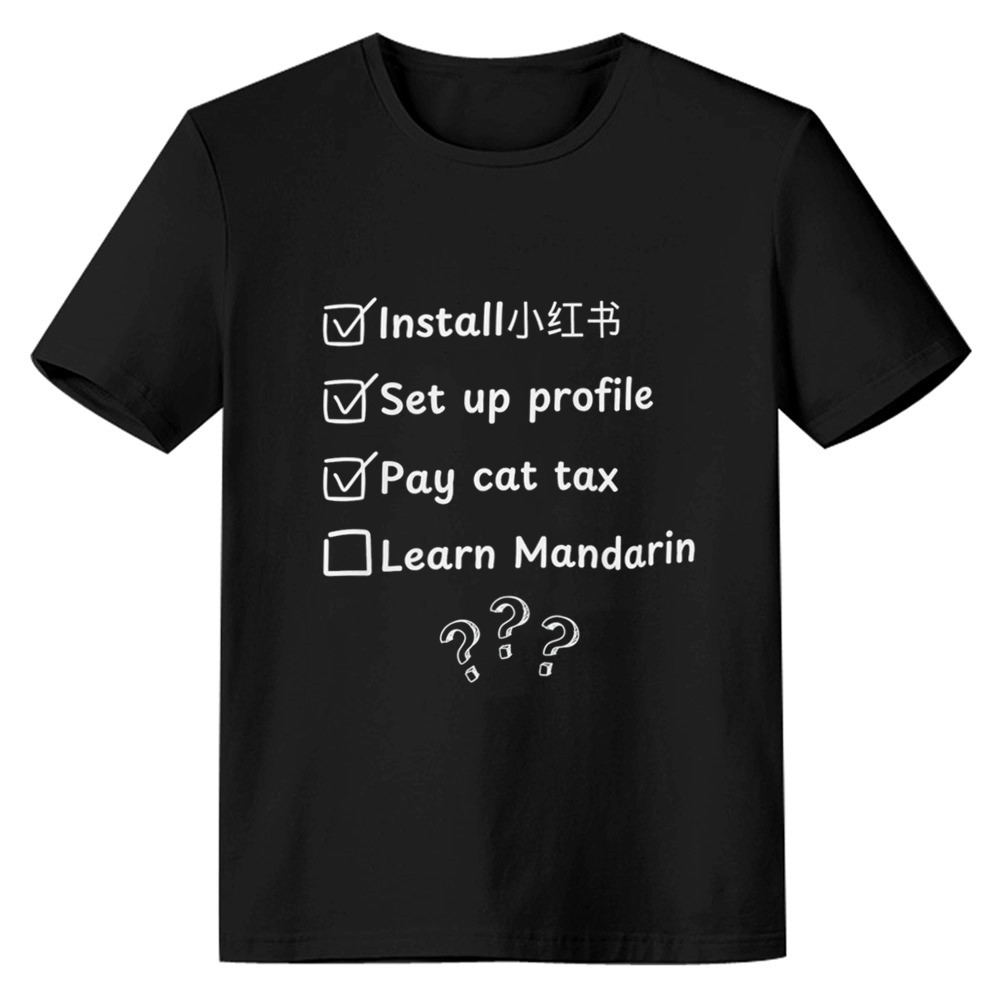 Fun Unique Graphic Tee Red Note Cat Tax TikTok Refugee Black T-shirt