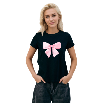 Adult Woman Summer Lovely Big Bow Black T-shirt Costume