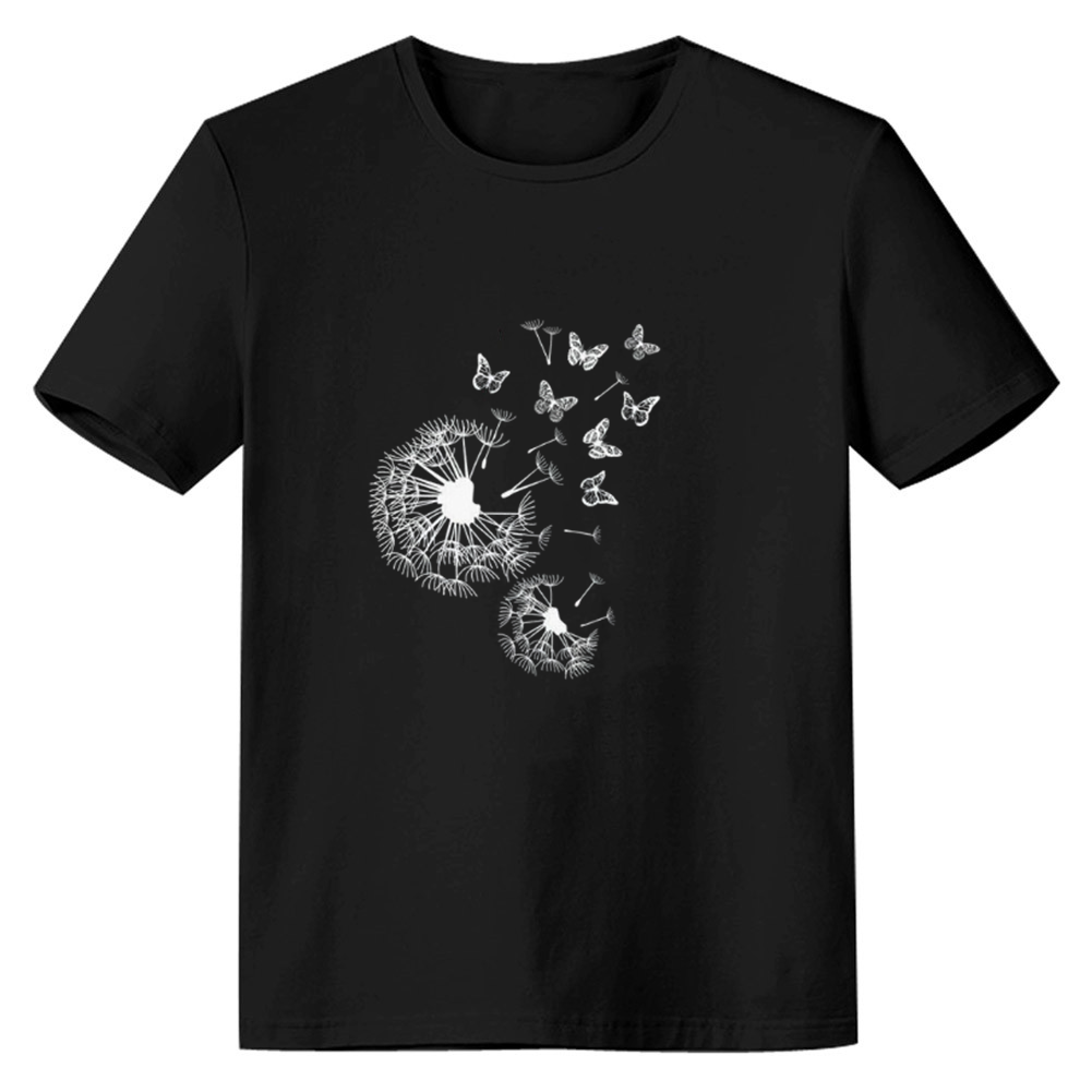 Adult Women  Dandelion And Butterfly Print Nature Lover Black T-shirt Costume
