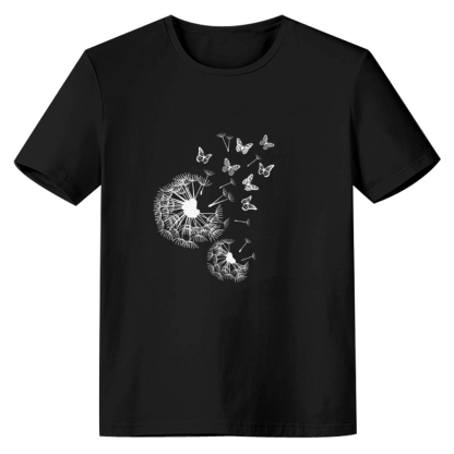 Adult Women  Dandelion And Butterfly Print Nature Lover Black T-shirt Costume