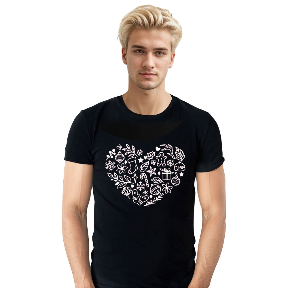Adult Unisex Xmas Christmas Heart Festival Black T-shirt Costume