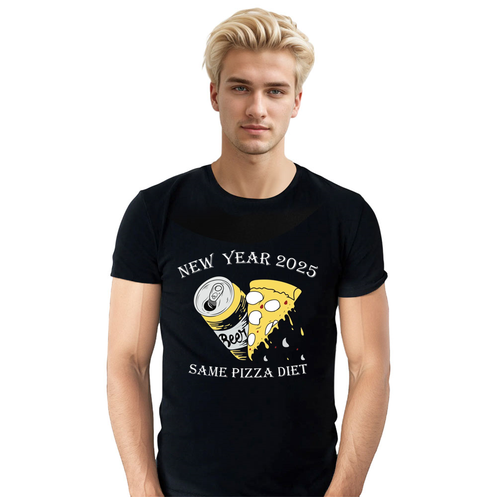 Adult Unisex Pizza Diet Funny New Year 2025 Black T-shirt
