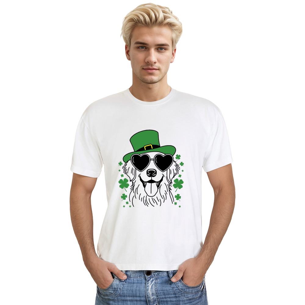 Adult Unisex St. Patrick's Day Golden Retriever Dog Pet Lover White T-shirt