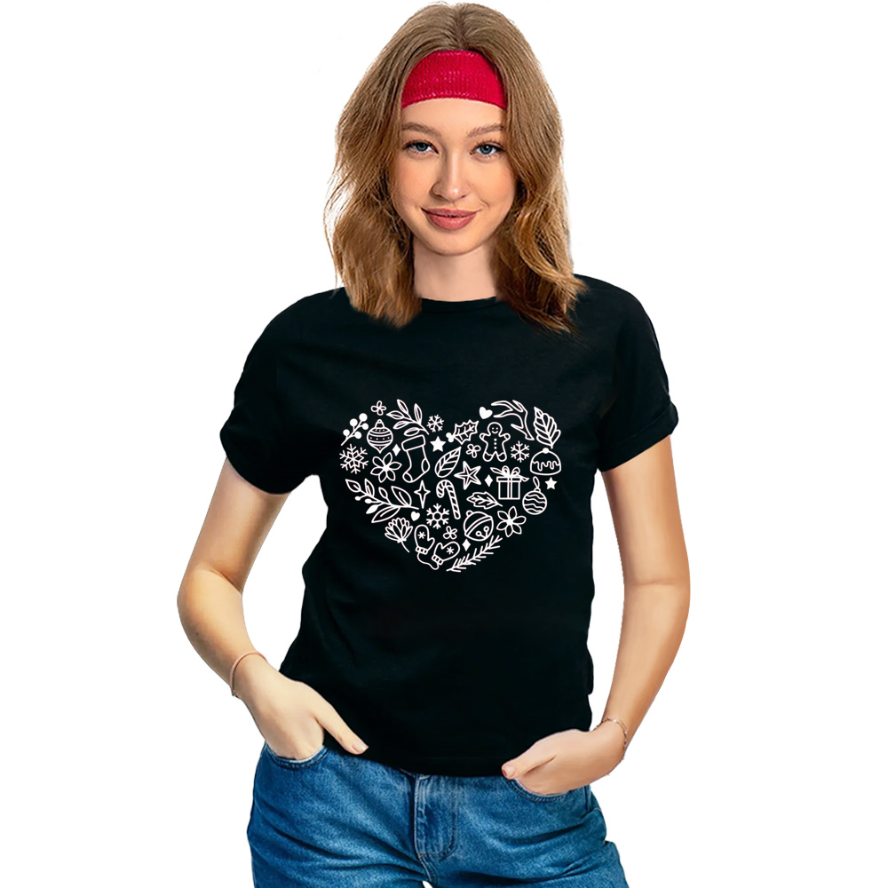 Adult Unisex Xmas Christmas Heart Festival Black T-shirt Costume