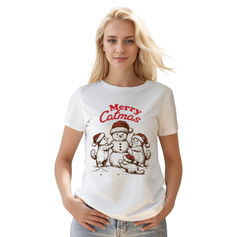 Adult Unisex Merry Catmas Christmas Xmas White Festival T-shirt
