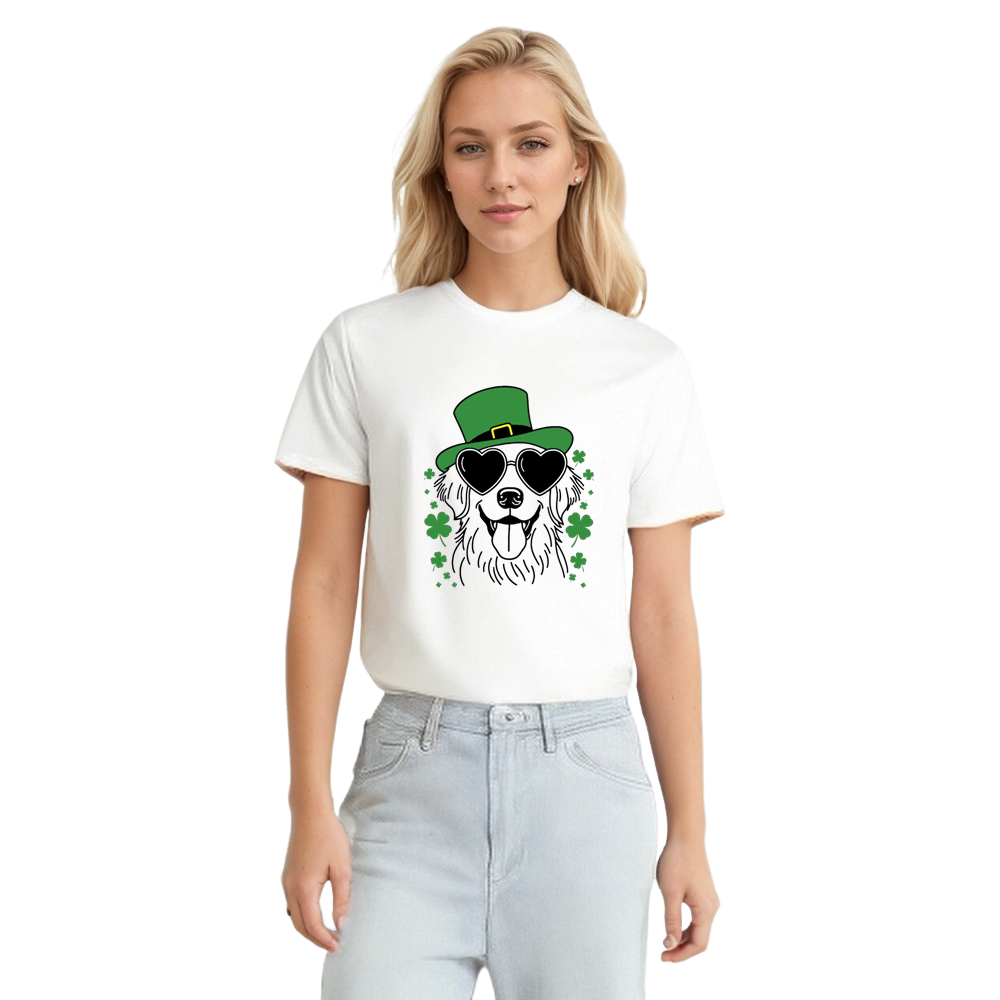 Adult Unisex St. Patrick's Day Golden Retriever Dog Pet Lover White T-shirt