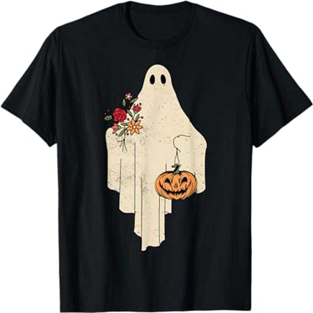 Adult Unisex Vintage Floral Ghost Halloween Black T-shirt Costume