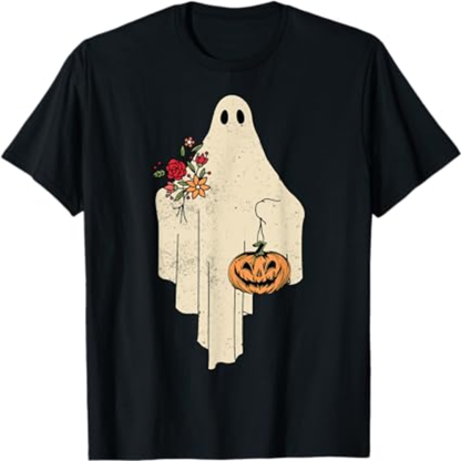 Adult Unisex Vintage Floral Ghost Halloween Black T-shirt Costume
