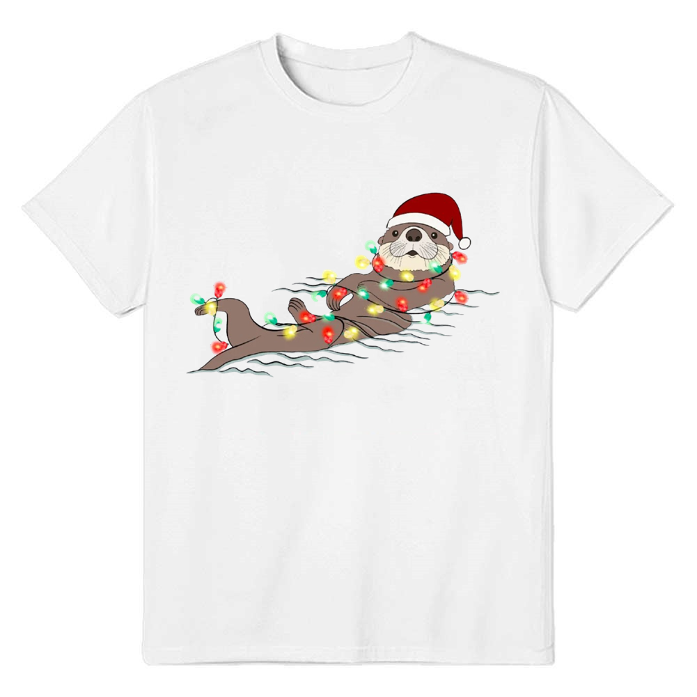 Adult Unisex Otters Christmas Lights Funny Animals Lover White T-shirt