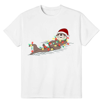 Adult Unisex Otters Christmas Lights Funny Animals Lover White T-shirt