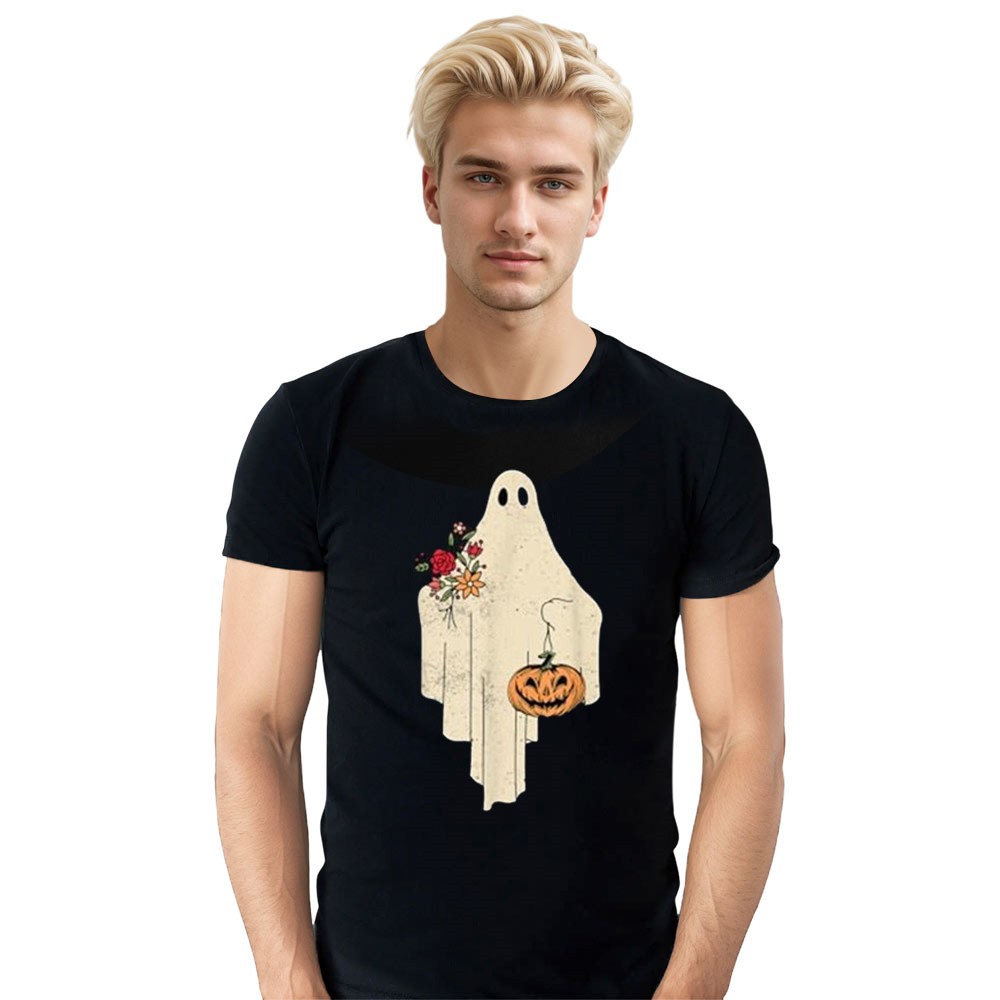 Adult Unisex Vintage Floral Ghost Halloween Black T-shirt Costume
