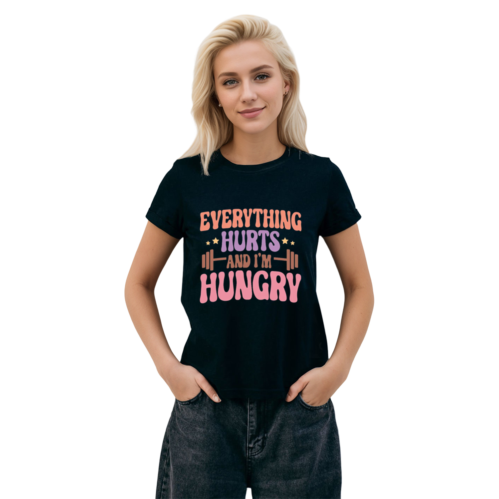 Adult Unisex Funny Gym Work Everything Hurts And I'm Hungry Black T-shirt Costume