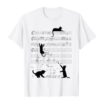 Adult Unisex Cat Playing Music Note Clef Musician Art Black Short Sleeve T-shirt Outfits Top Costume