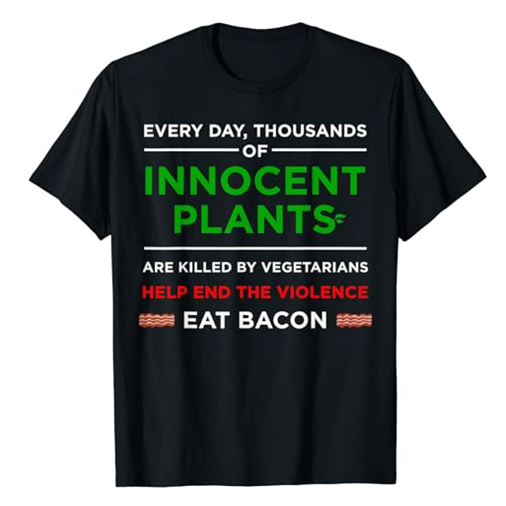 Adult Unisex Eat Bacon Innocent Plants Food Lover Black Short Sleeve T-shirt Costume