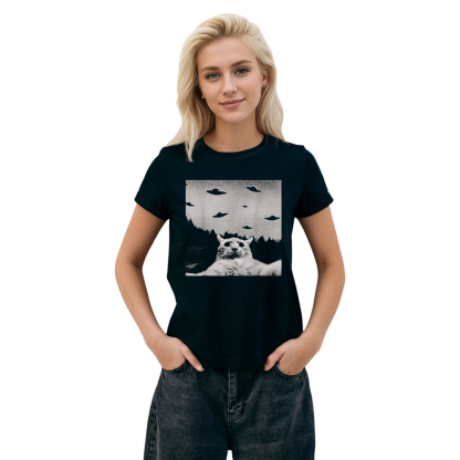 Adult Alien Cat UFO Black Short Sleeve T-shirt Outfits Top Costume