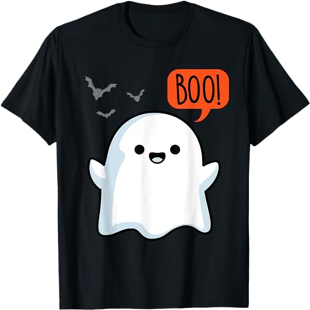 Adult Unisex Ghost Saying Boo Spooky Ghost Halloween Black T-shirt Costume
