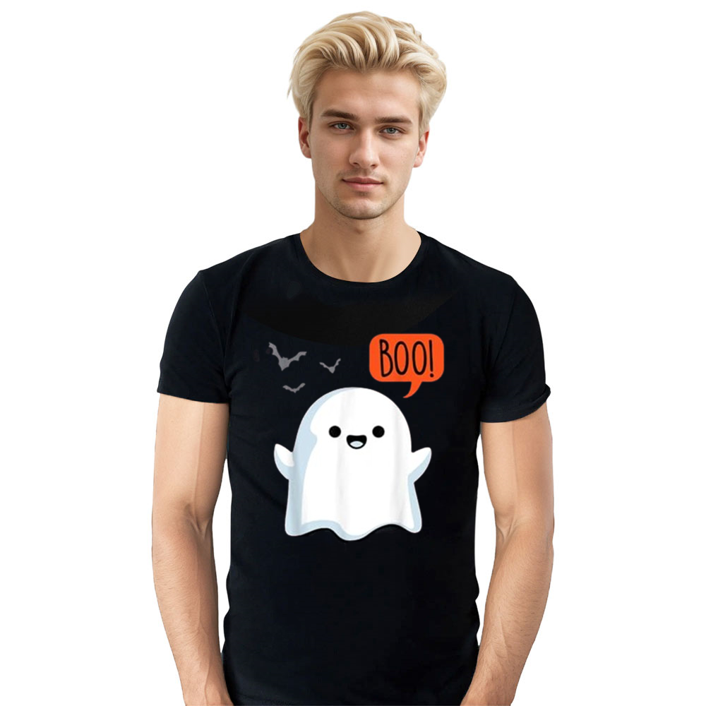 Adult Unisex Ghost Saying Boo Spooky Ghost Halloween Black T-shirt Costume