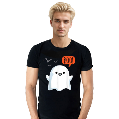 Adult Unisex Ghost Saying Boo Spooky Ghost Halloween Black T-shirt Costume