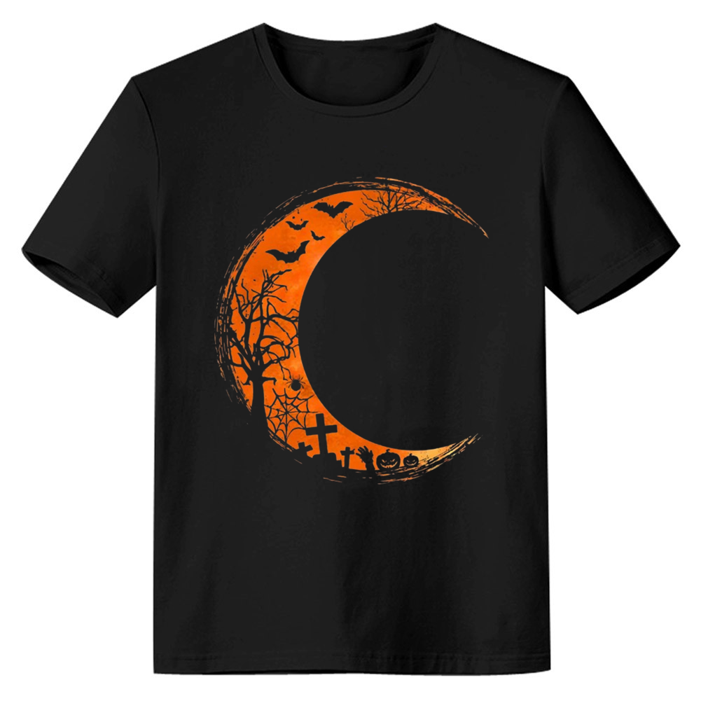Adult Unisex Halloween Orange Moon Pumpkin Black T-shirt Costume