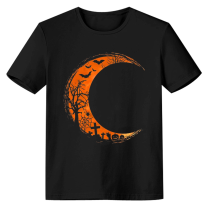 Adult Unisex Halloween Orange Moon Pumpkin Black T-shirt Costume