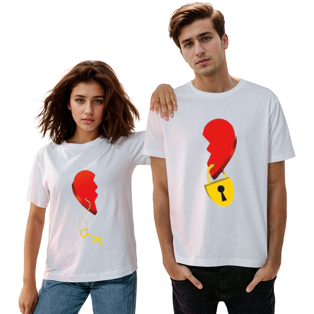 Adult Unisex Key Lock Heart Pattern Valentine's Day Black White Short Sleeve T-shirt Outfits Top Costume