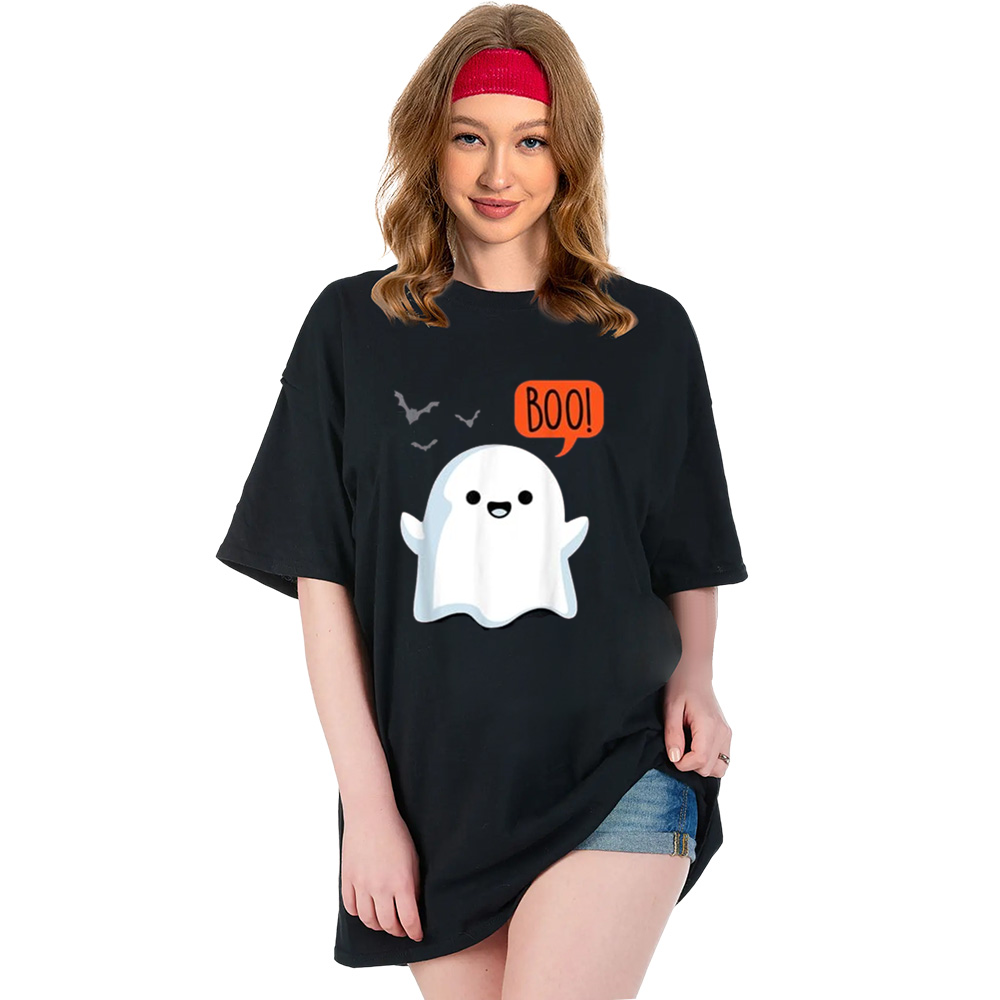 Adult Unisex Ghost Saying Boo Spooky Ghost Halloween Black T-shirt Costume