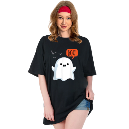 Adult Unisex Ghost Saying Boo Spooky Ghost Halloween Black T-shirt Costume