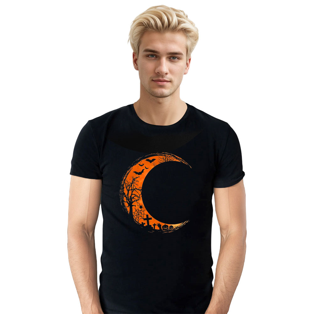 Adult Unisex Halloween Orange Moon Pumpkin Black T-shirt Costume