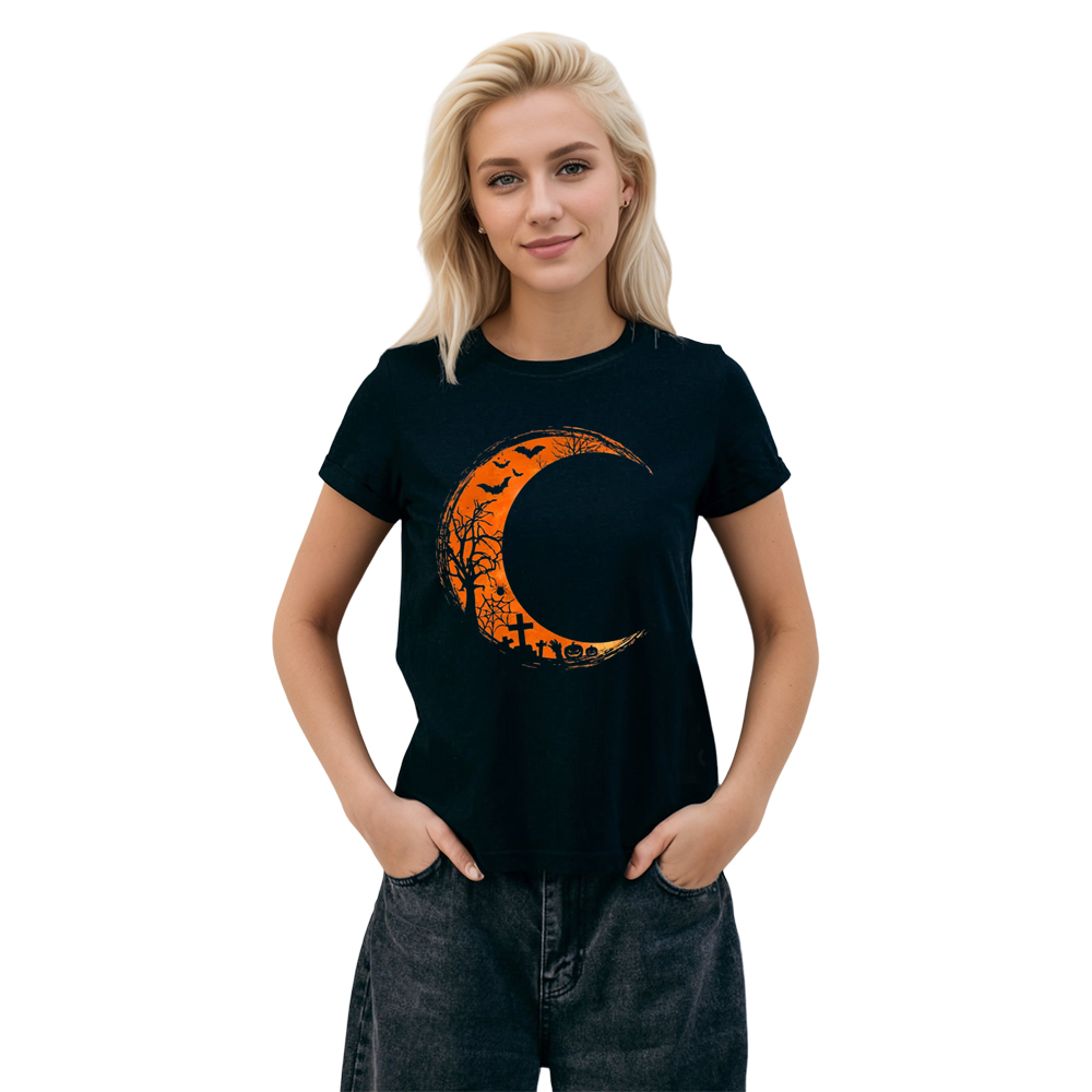 Adult Unisex Halloween Orange Moon Pumpkin Black T-shirt Costume