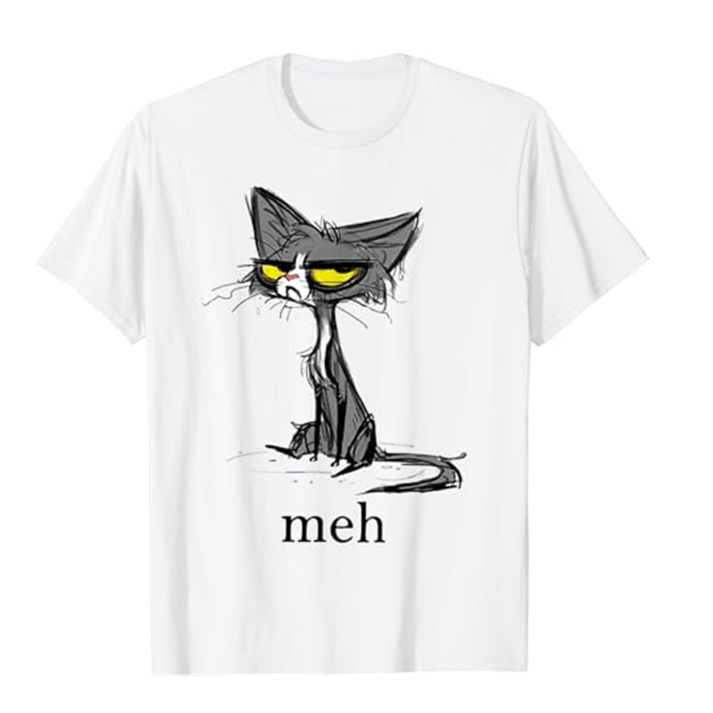 Adult Unisex Meh Cat Gift For Cat Lovers Black Short Sleeve T-shirt Outfits Top Costume